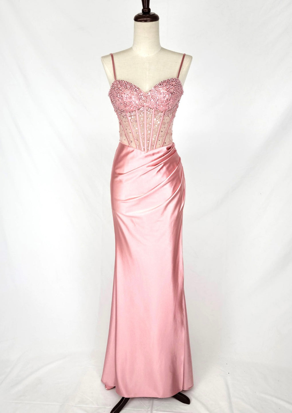 Chicas C361 Elegant Evening Black Spaghetti-Strap Floor-Length Corset Satin Dress