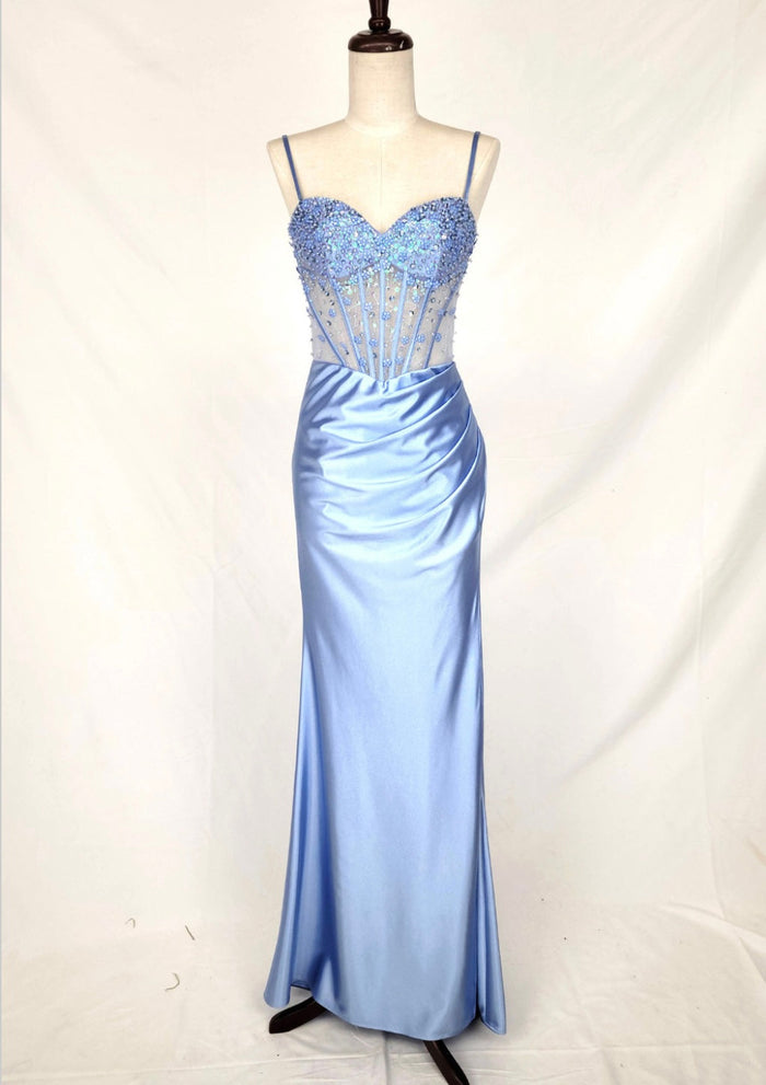 Chicas C361 Elegant Evening Black Spaghetti-Strap Floor-Length Corset Satin Dress