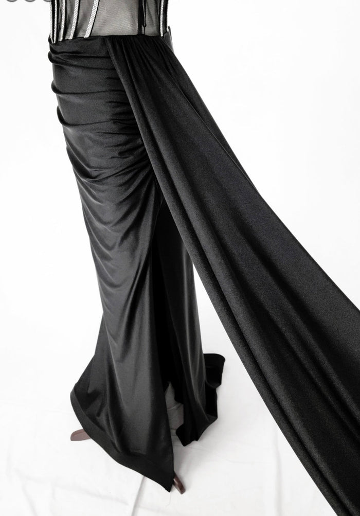 Chicas C367 Elegant Evening Black Strapless Floor-Length Corset Satin Dress