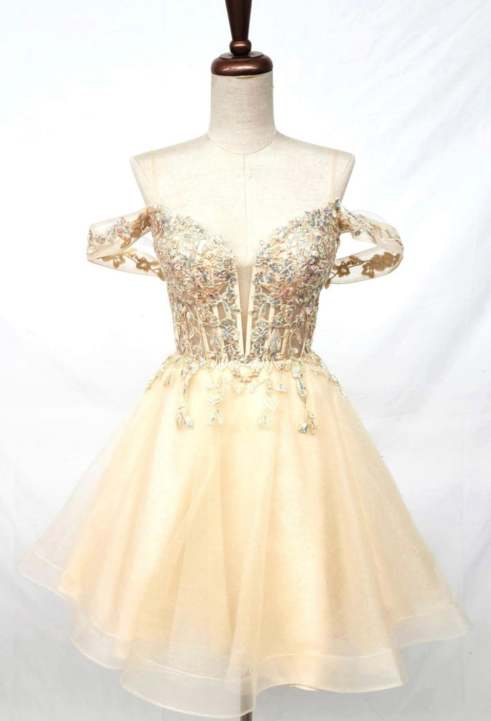 Chicas C359 Romantic Printed Formal Blush Illusion Floral Tulle Dress