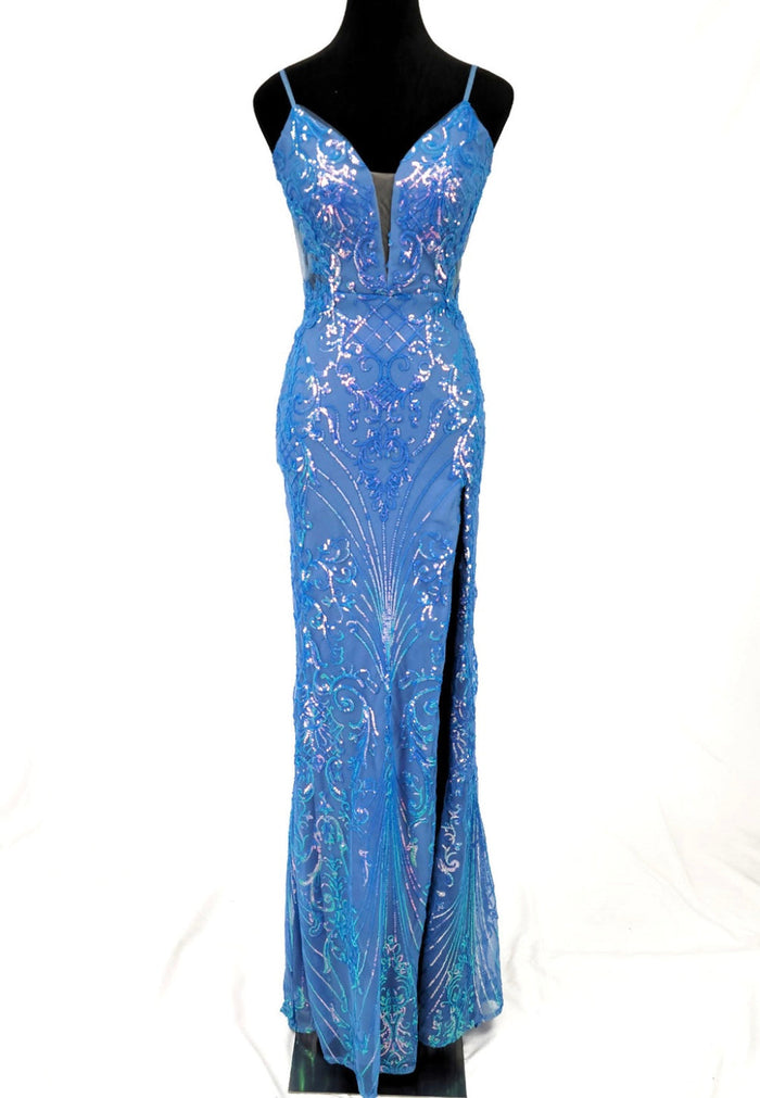 Chicas C369 Modern Evening Gold Illusion Floor-Length High-Slit Fabric Dress