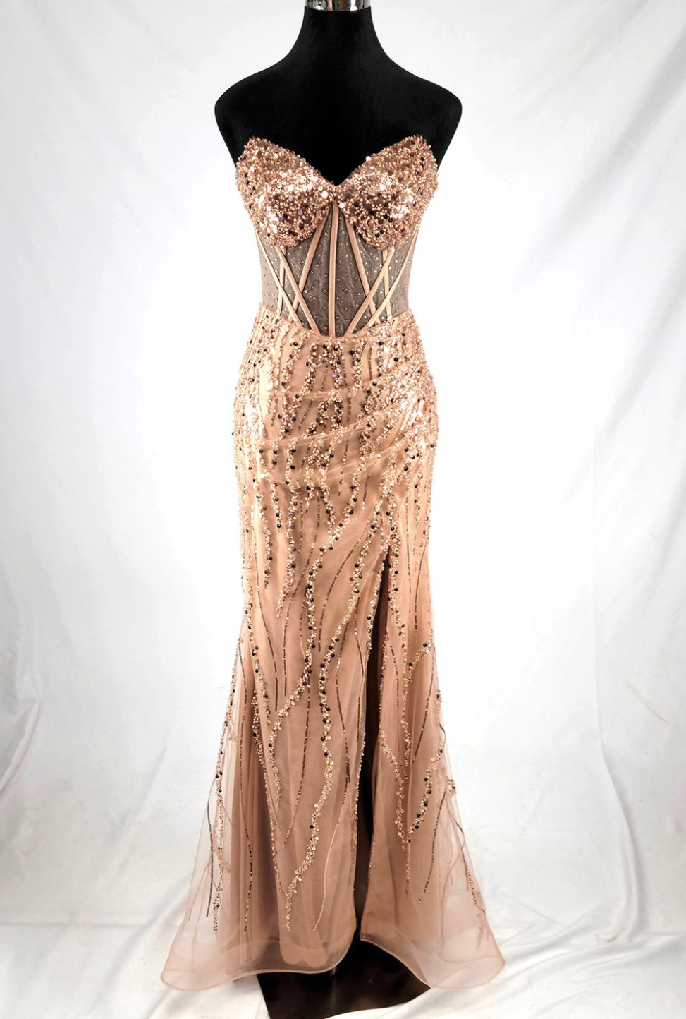 Chicas C366 Evening Black Strapless Floor-Length Corset High-Slit Fabric Dress
