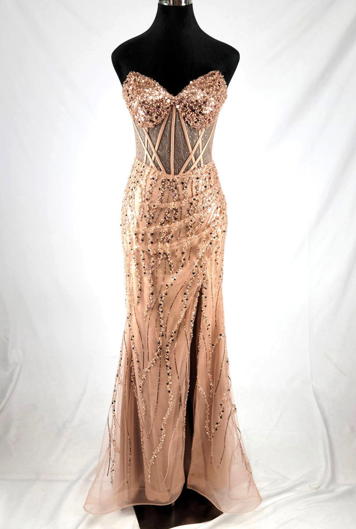 Chicas C366 Evening Black Strapless Floor-Length Corset High-Slit Fabric Dress