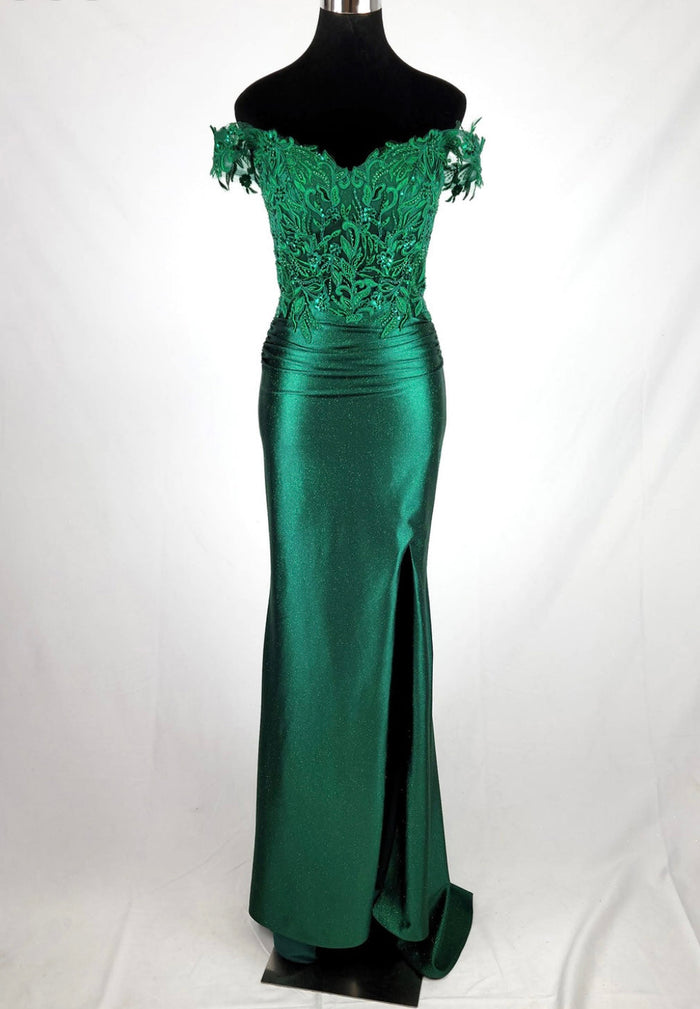 Chicas J054 Elegant Evening Black Floor-Length High-Slit Beaded Satin Dress