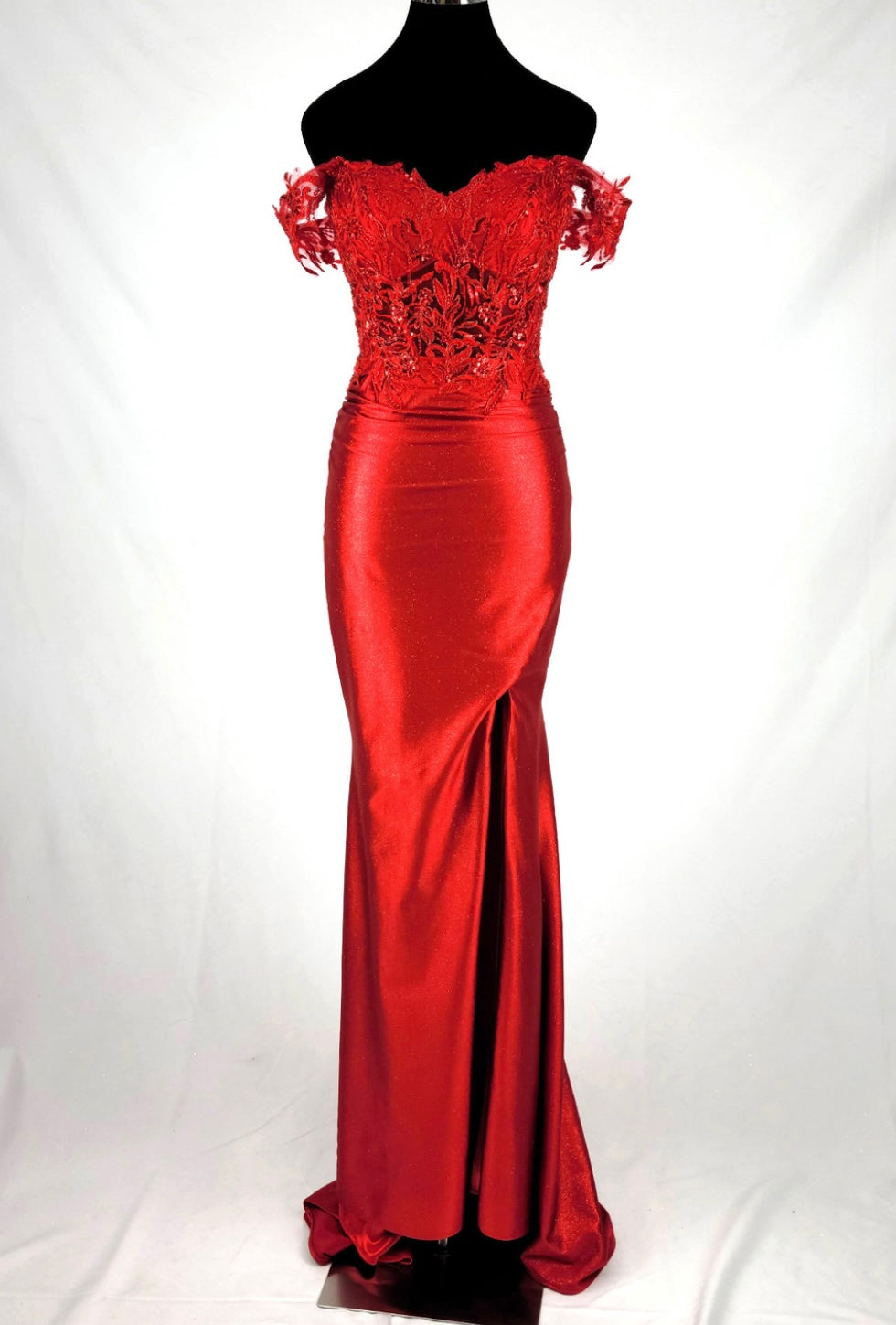 Chicas J054 Elegant Evening Black Floor-Length High-Slit Beaded Satin Dress