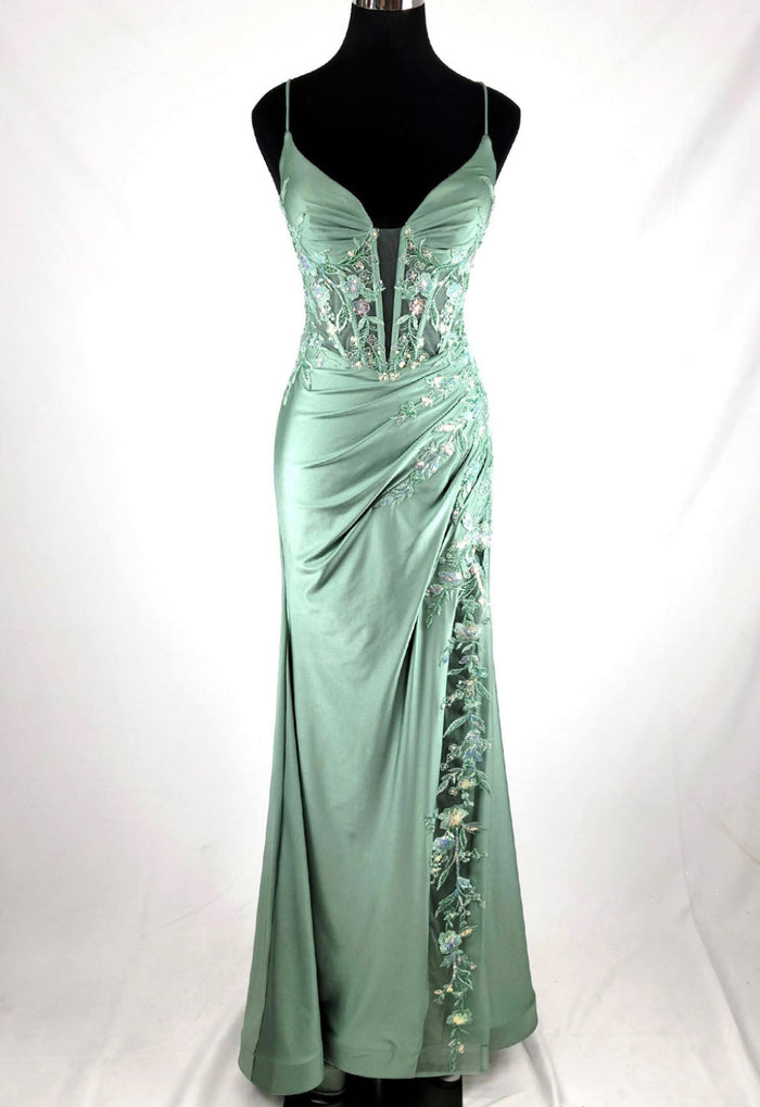Chicas D502 Evening Black Illusion Floor-Length High-Slit Sequin Satin Dress