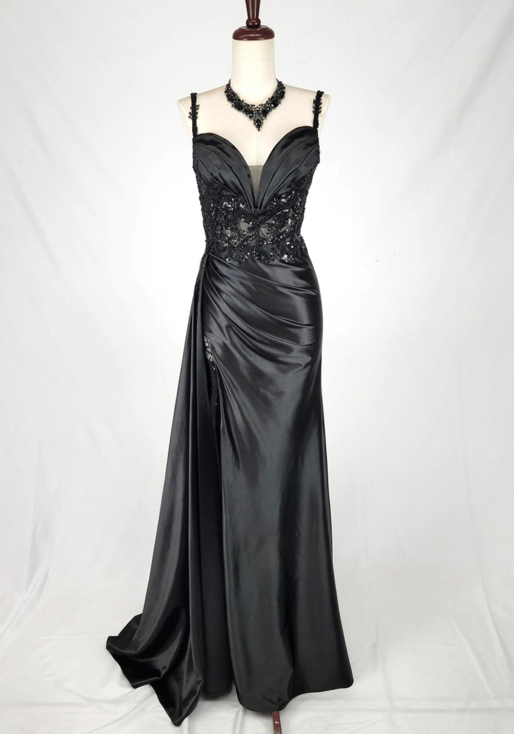 Chicas C342 Elegant Evening Black Sweetheart Floor-Length High-Slit Satin Dress