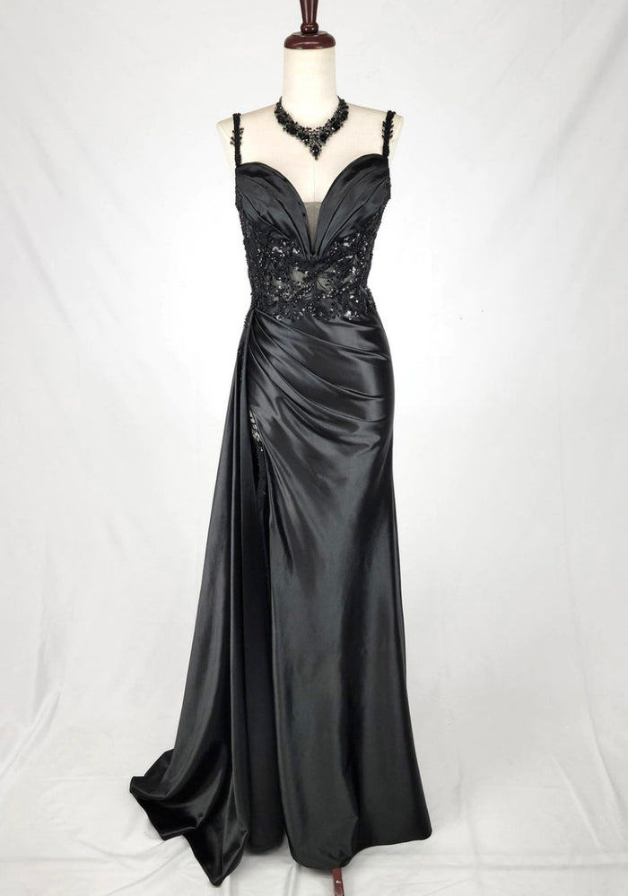 Chicas C342 Elegant Evening Black Sweetheart Floor-Length High-Slit Satin Dress