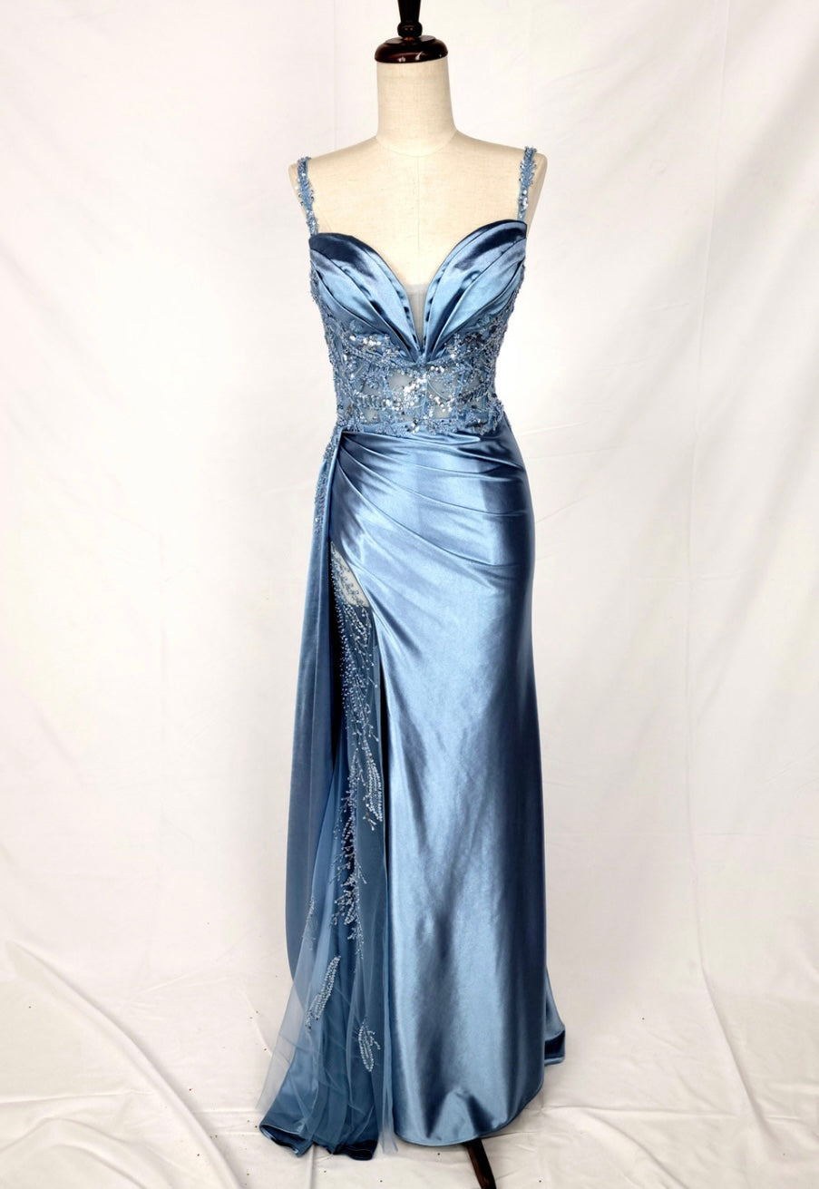 Chicas C342 Elegant Evening Black Sweetheart Floor-Length High-Slit Satin Dress
