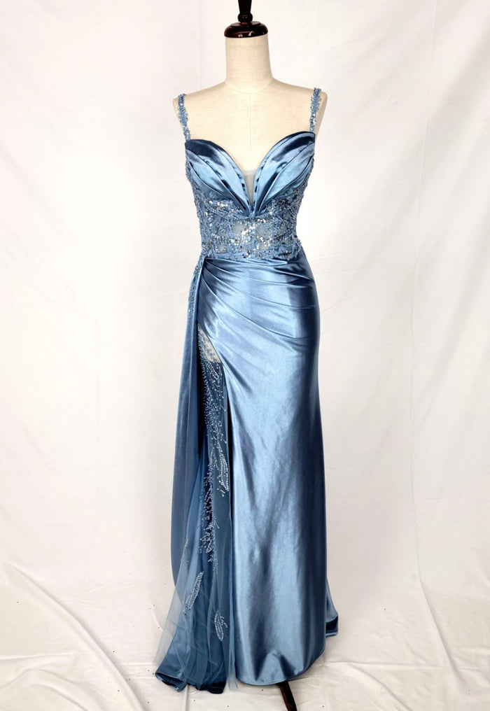 Chicas C342 Elegant Evening Black Sweetheart Floor-Length High-Slit Satin Dress