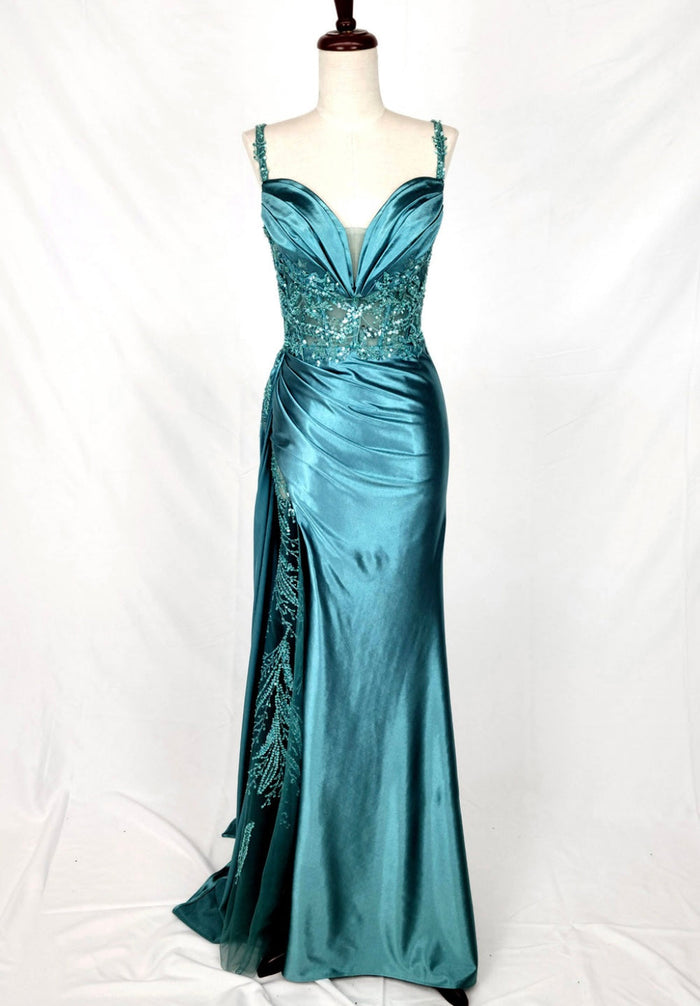 Chicas C342 Elegant Evening Black Sweetheart Floor-Length High-Slit Satin Dress