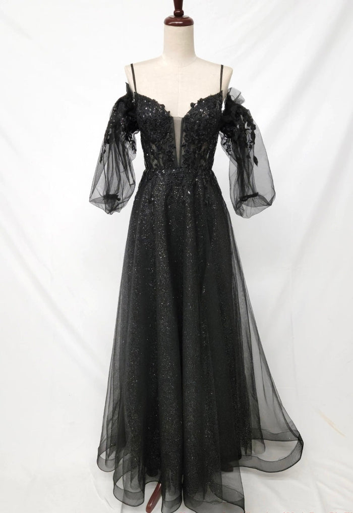 Chicas C358 Modern Printed Prom Black A-Line Spaghetti-Strap Tulle Dress
