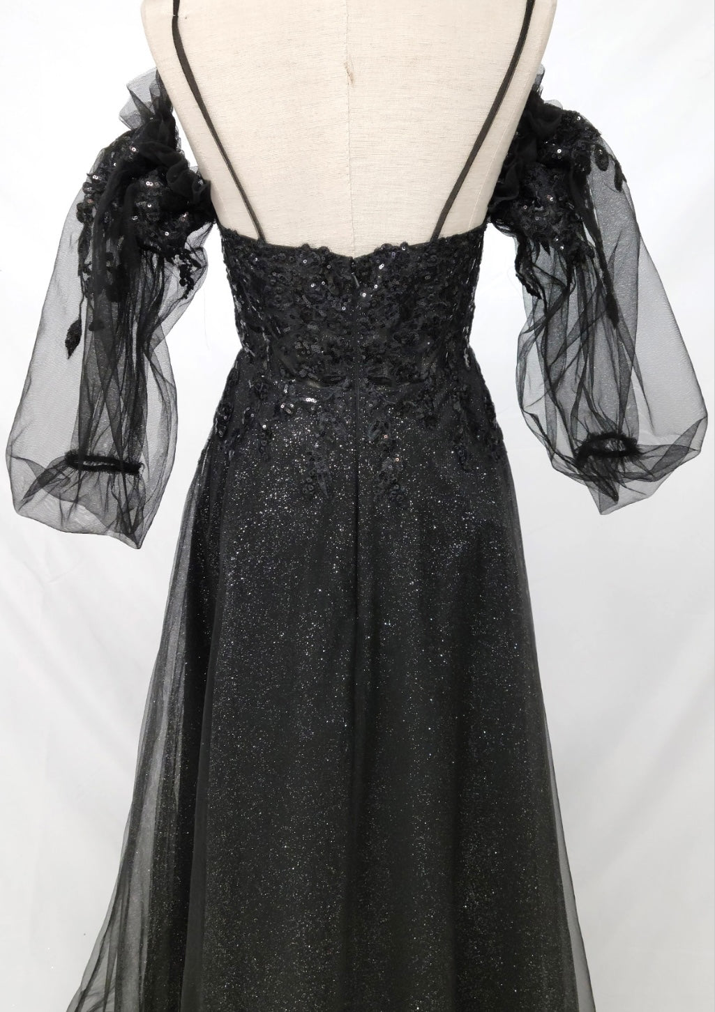 Chicas C358 Modern Printed Prom Black A-Line Spaghetti-Strap Tulle Dress