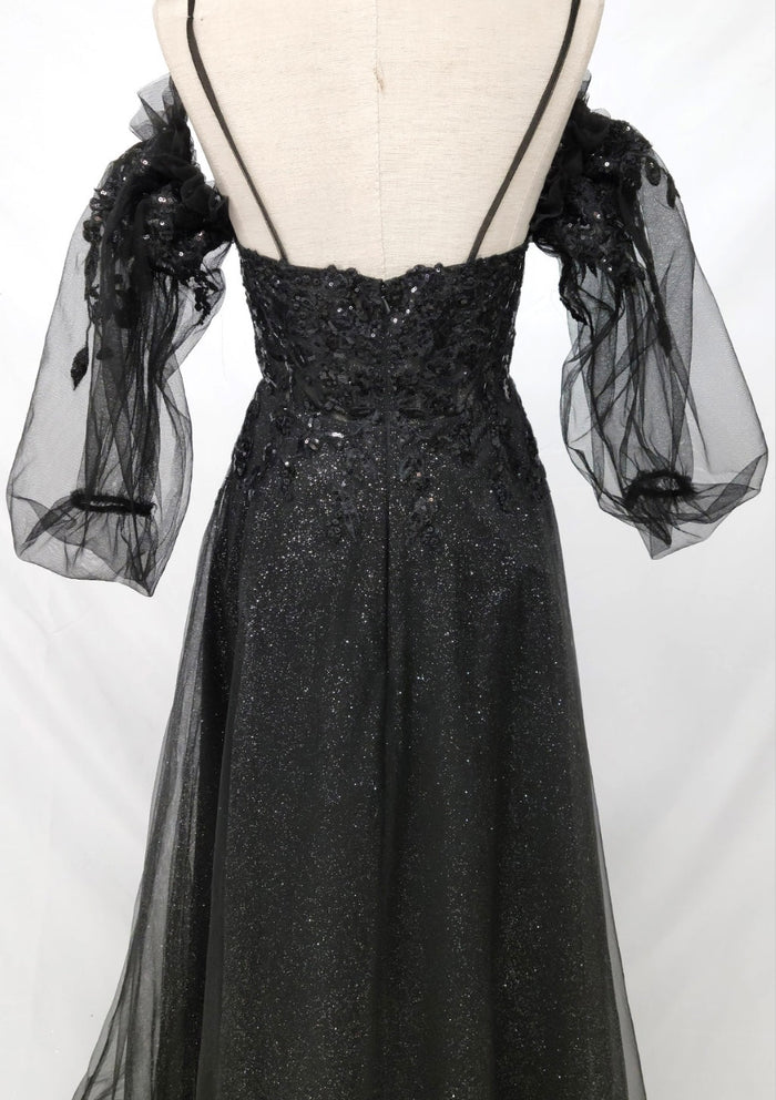 Chicas C358 Modern Printed Prom Black A-Line Spaghetti-Strap Tulle Dress