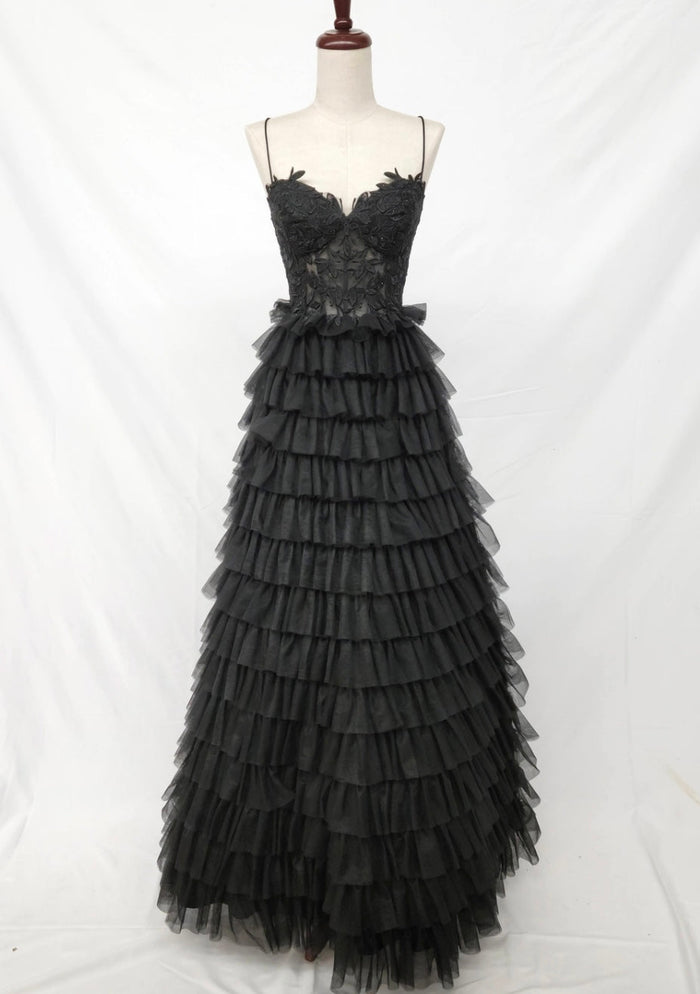 Chicas C833 Printed Evening Black Spaghetti-Strap Floral Tulle Dress