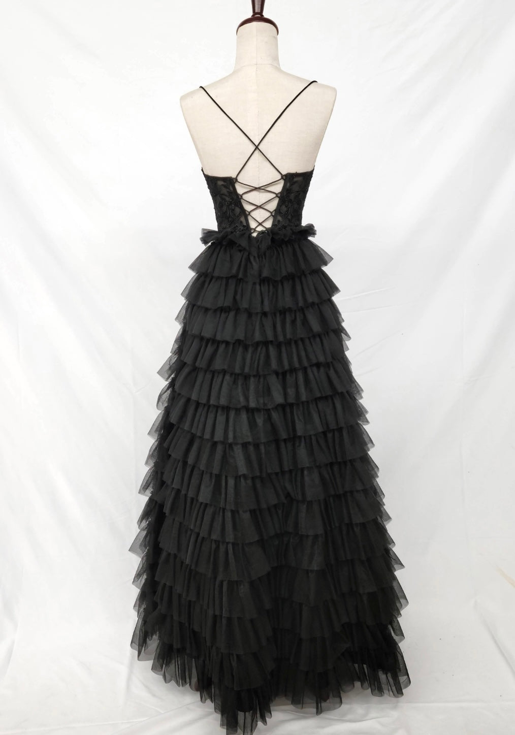 Chicas C833 Printed Evening Black Spaghetti-Strap Floral Tulle Dress
