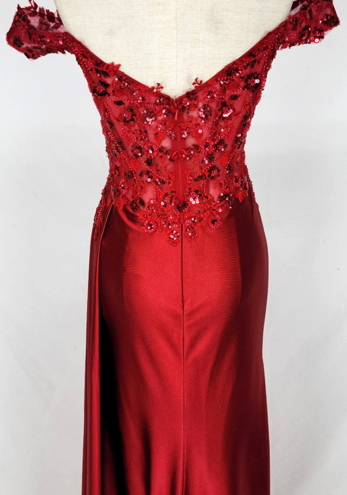 Chicas C362 Printed Evening Red Illusion Floral Floor-Length Satin Dress
