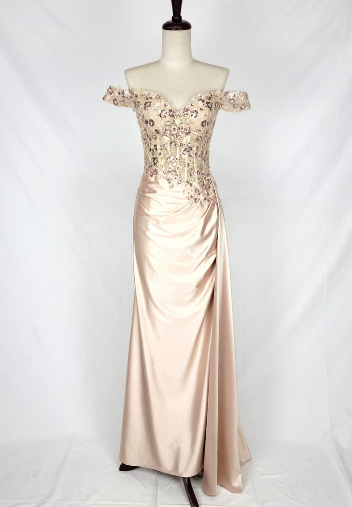 Chicas C362 Printed Evening Red Illusion Floral Floor-Length Satin Dress