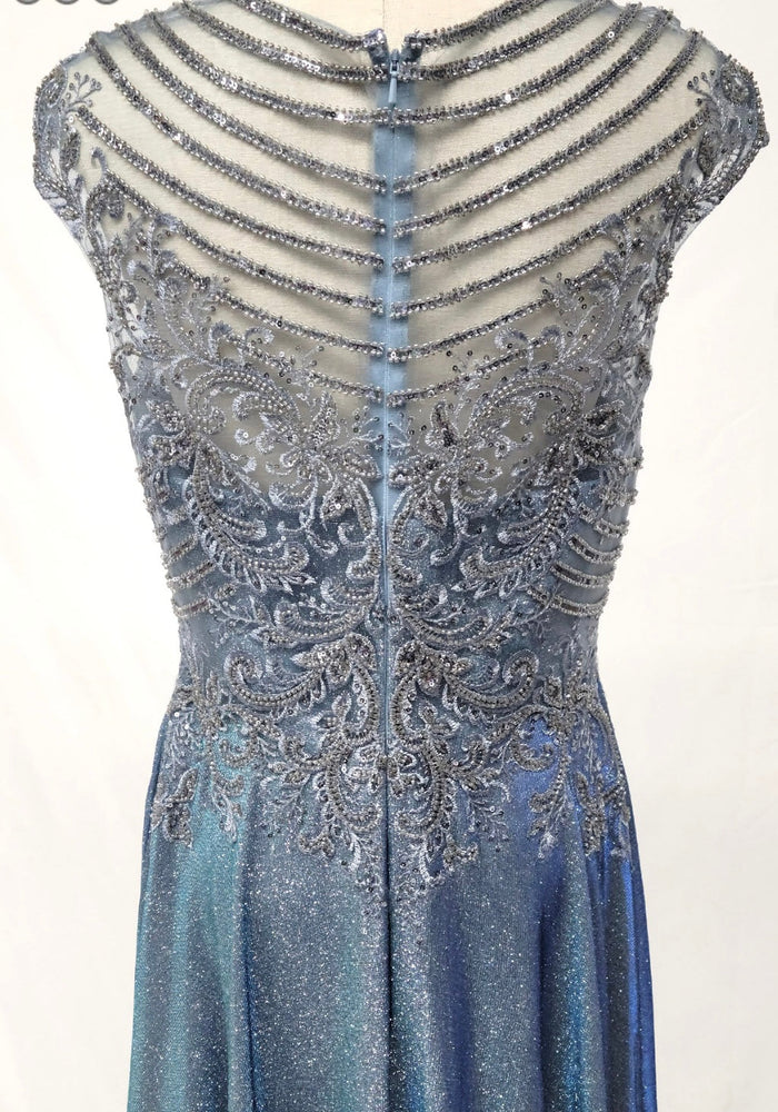 Chicas J132 Evening Blue A-Line Floor-Length Embroidered Shimmer Fabric Dress