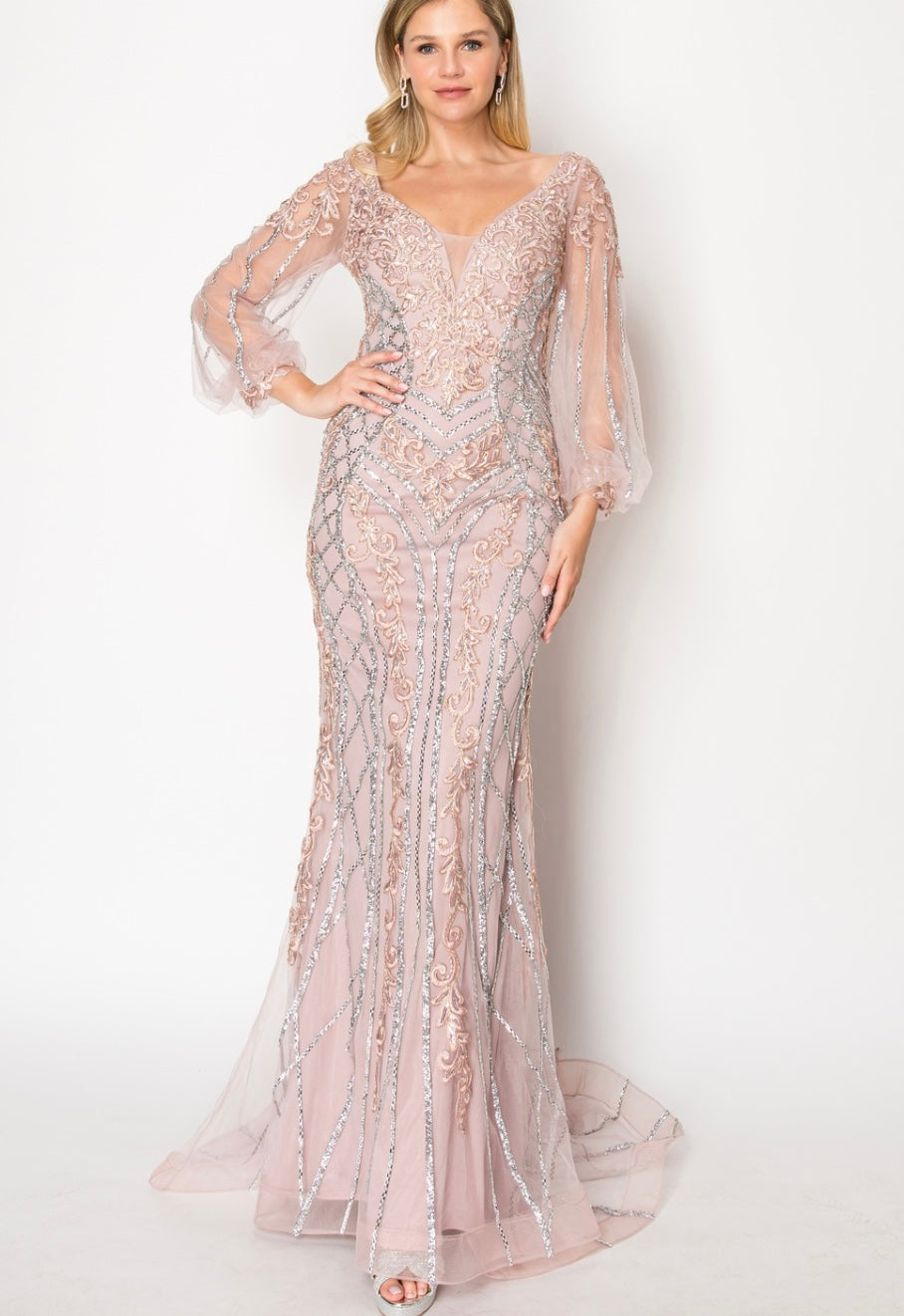 Chicas C339 Evening Gold Illusion Floor-Length Fabric Dress