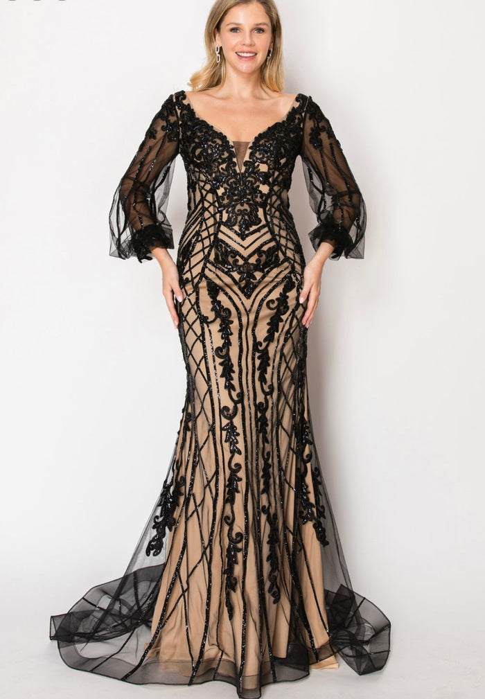 Chicas C339 Evening Gold Illusion Floor-Length Fabric Dress