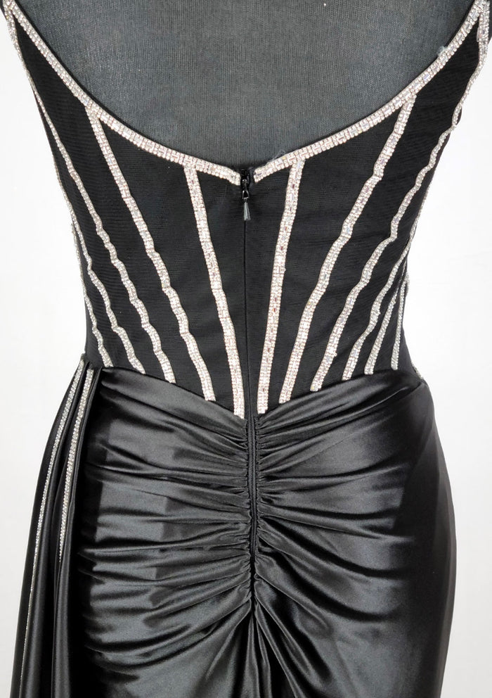 Chicas C343 Evening Black Spaghetti-Strap Floor-Length Satin Dress
