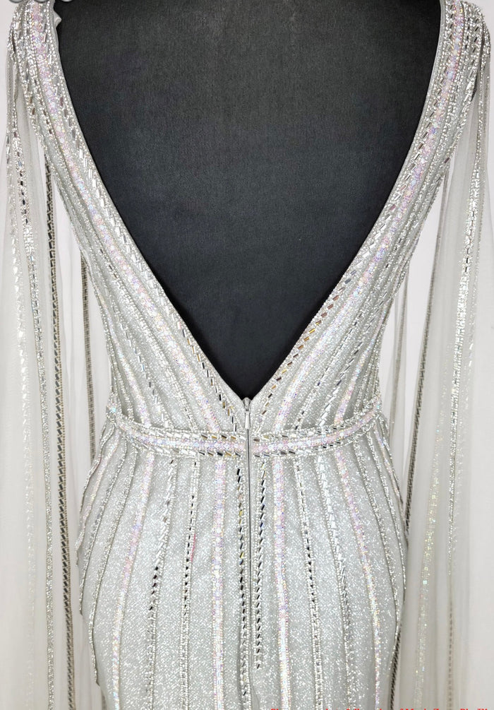 Chicas C828 Formal Silver Floor-Length Sequin Shimmer Cape Tulle Dress