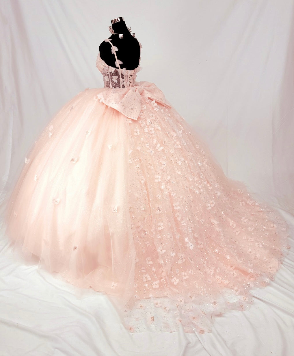 Chicas HF3107 Romantic Printed Blush BallDress Butterfly Floral Tulle Dress