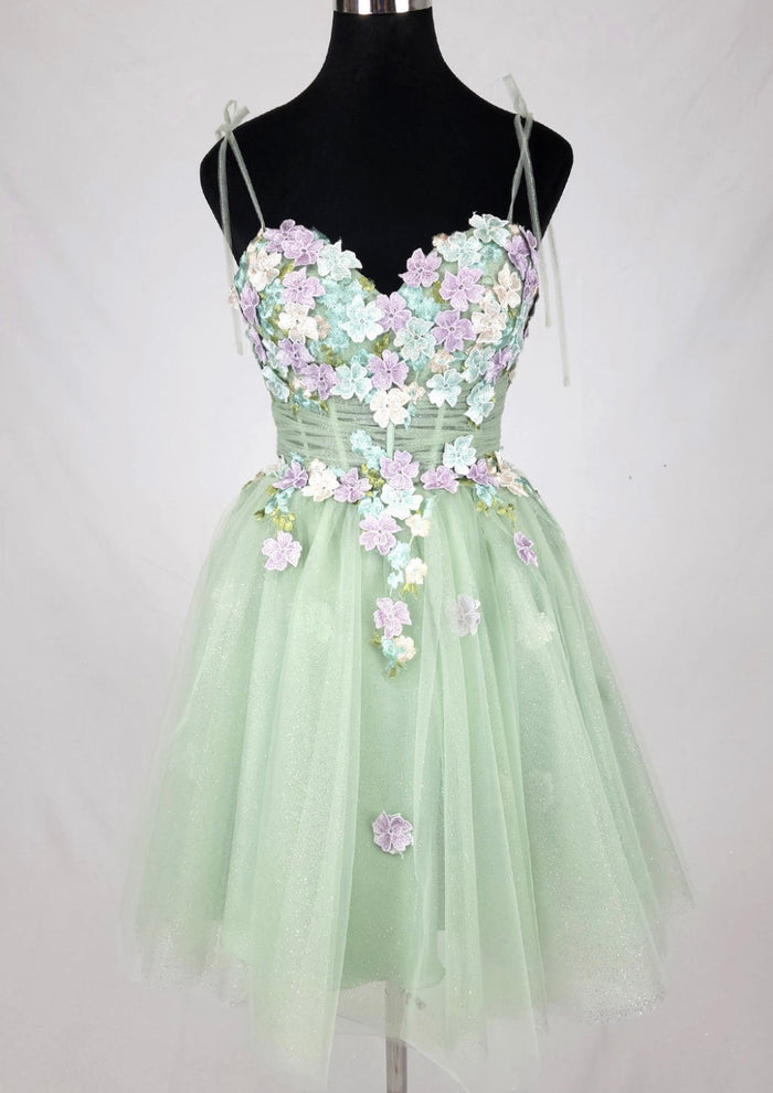 Chicas C354 Printed Glitter Ivory Sweetheart Floral Short Tulle Dress