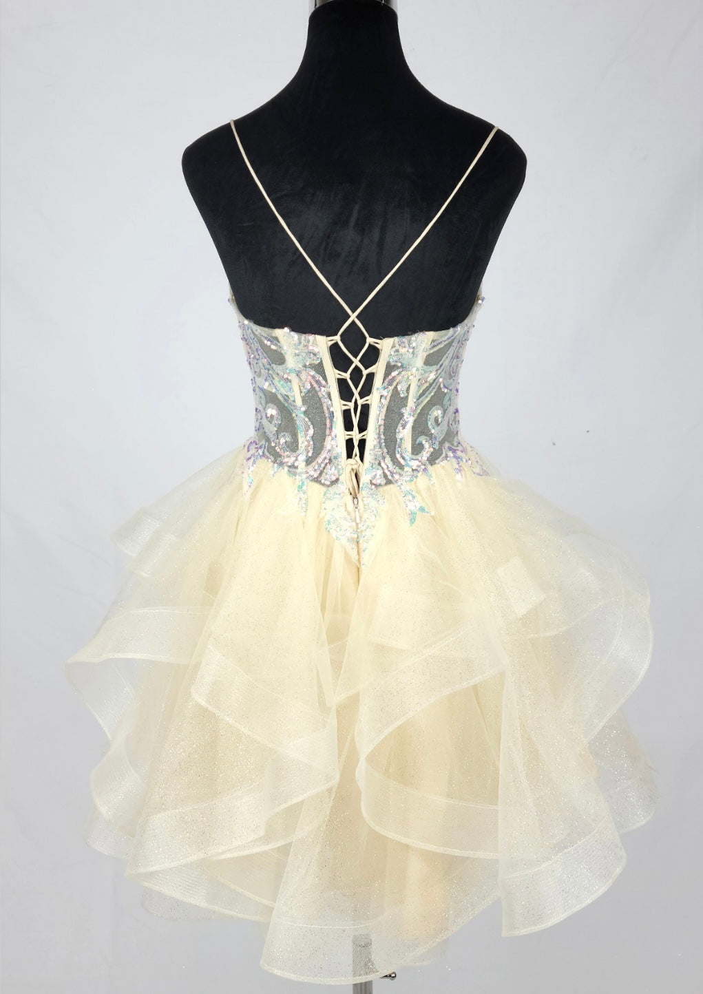 Chicas DM8031 Cocktail Champagne Spaghetti-Strap Short Sequin Tulle Dress
