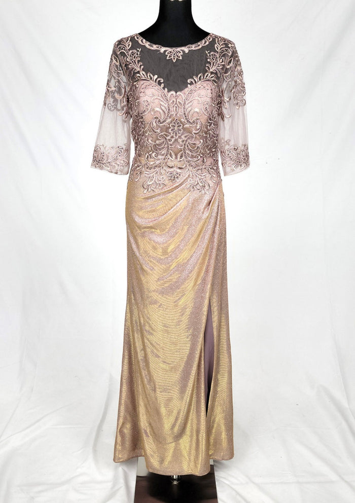 Chicas J046 Evening Gold Illusion Floor-Length High-Slit Fabric Dress