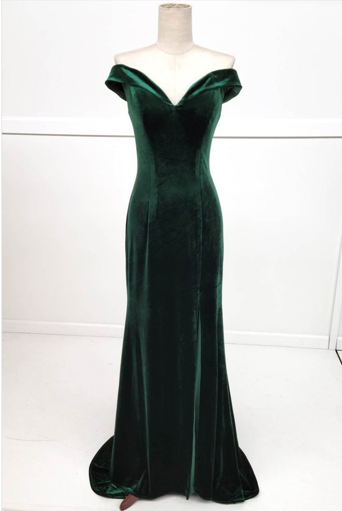Chicas 6532 Solid-Color Off-Shoulder Long High-Slit Velvet Dress