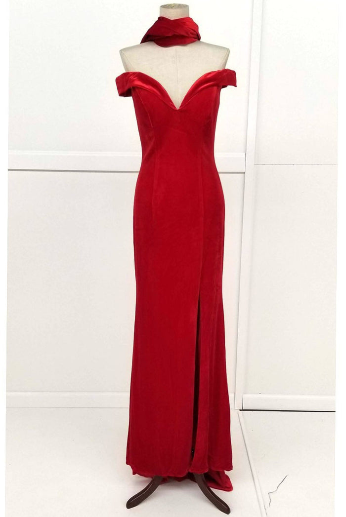 Chicas 6532 Solid-Color Off-Shoulder Long High-Slit Velvet Dress
