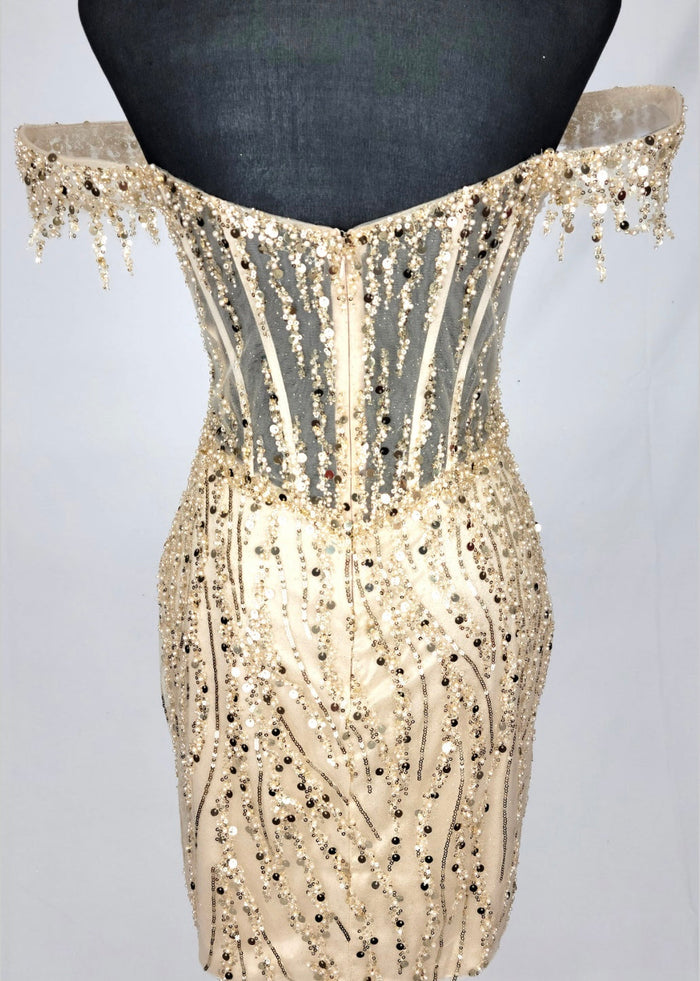 Chicas C351 Glam Cocktail Gold Mini Corset High-Slit Fabric Dress