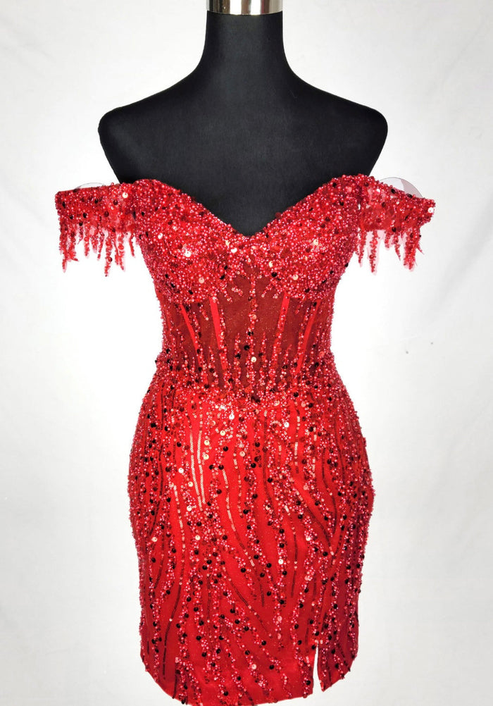 Chicas C351 Glam Cocktail Gold Mini Corset High-Slit Fabric Dress