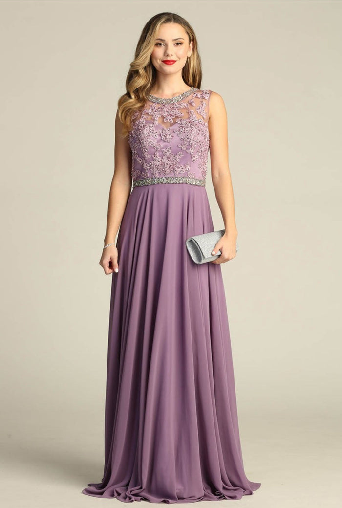 Chicas YG5005 Long Open-Back Beaded Chic Style Chiffon Dress
