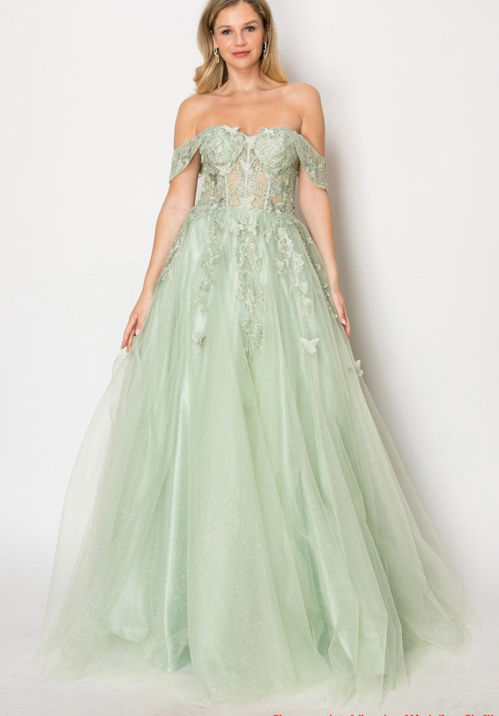 Chicas C350 Printed Glitter BallDress Butterfly Floral Floor-Length Tulle Dress