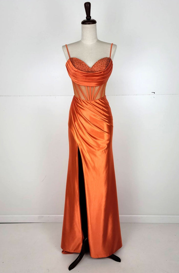 Chicas C333 Sweetheart Corset High-Slit Beaded Strappy Satin Dress