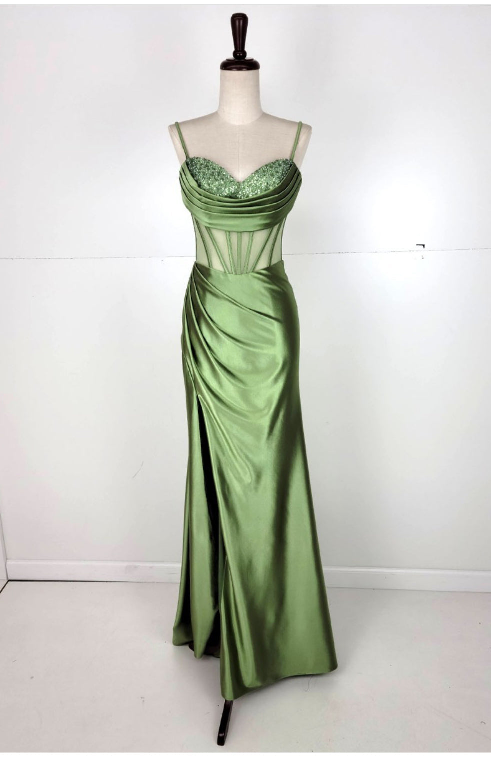 Chicas C333 Sweetheart Corset High-Slit Beaded Strappy Satin Dress