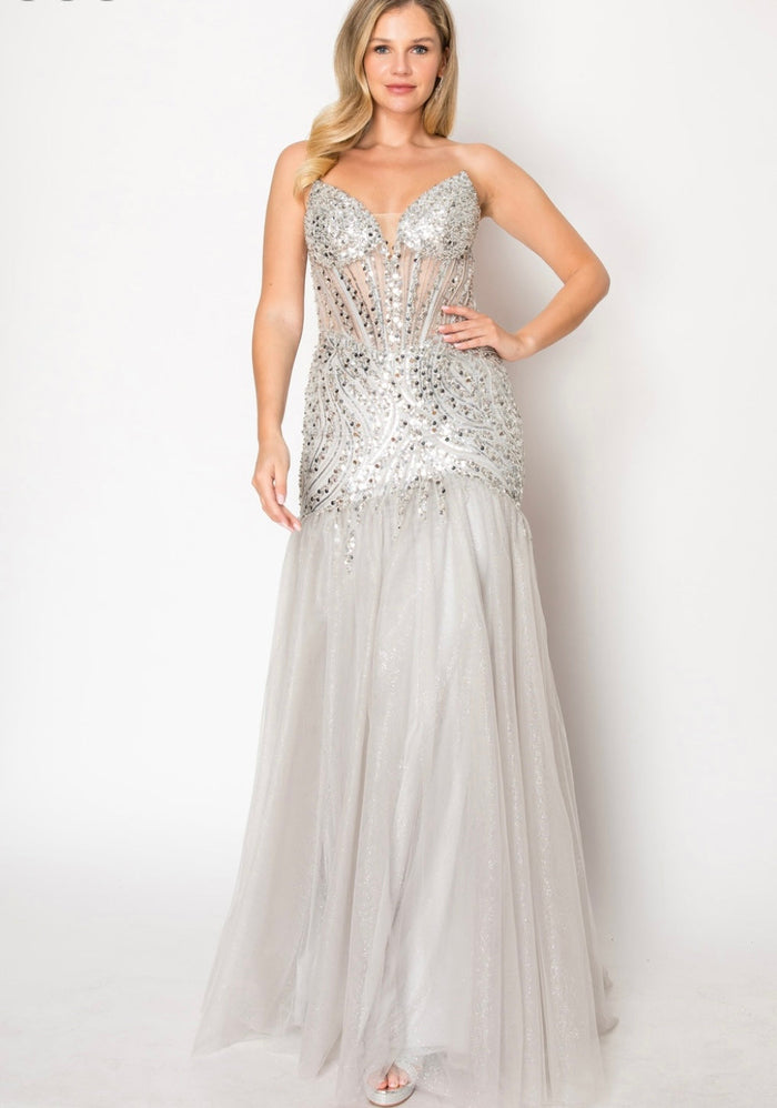 Chicas C345 Elegant Evening Black Mermaid Strapless Floor-Length Tulle Dress