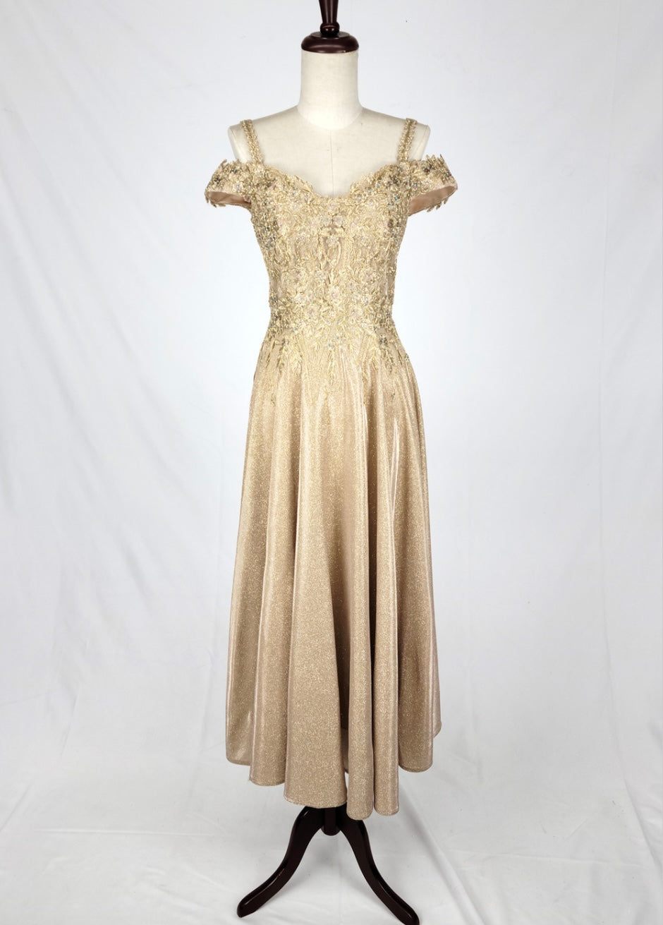 Chicas J049 Gold A-Line Tea-Length Embroidered Shimmer Strappy Fabric Dress