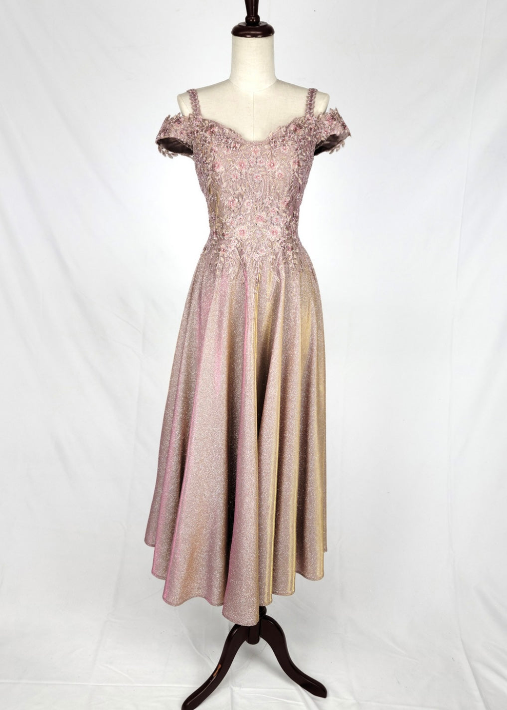 Chicas J049 Gold A-Line Tea-Length Embroidered Shimmer Strappy Fabric Dress