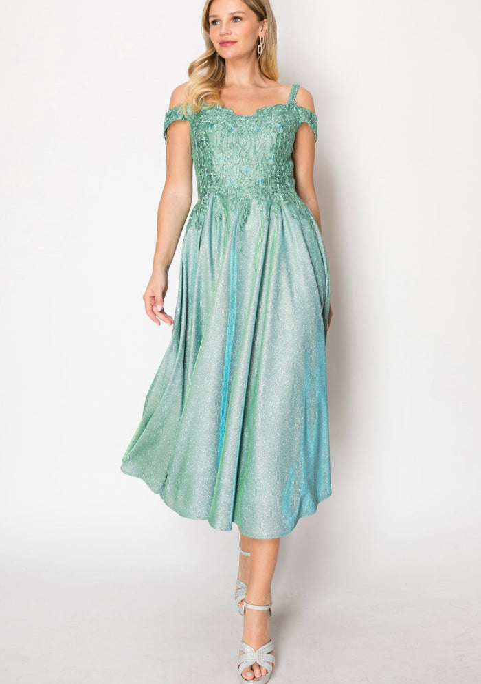 Chicas J049 Gold A-Line Tea-Length Embroidered Shimmer Strappy Fabric Dress