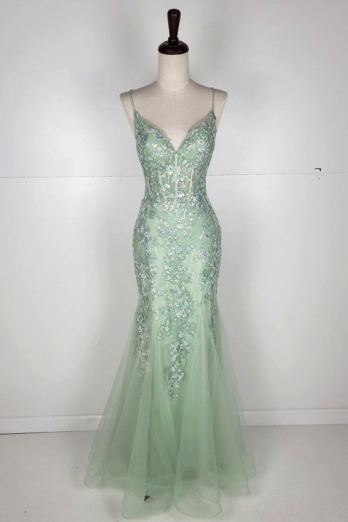 Chicas C334 Mermaid Spaghetti-Strap Floral Floor-Length Corset Ruffled Fabric Dress