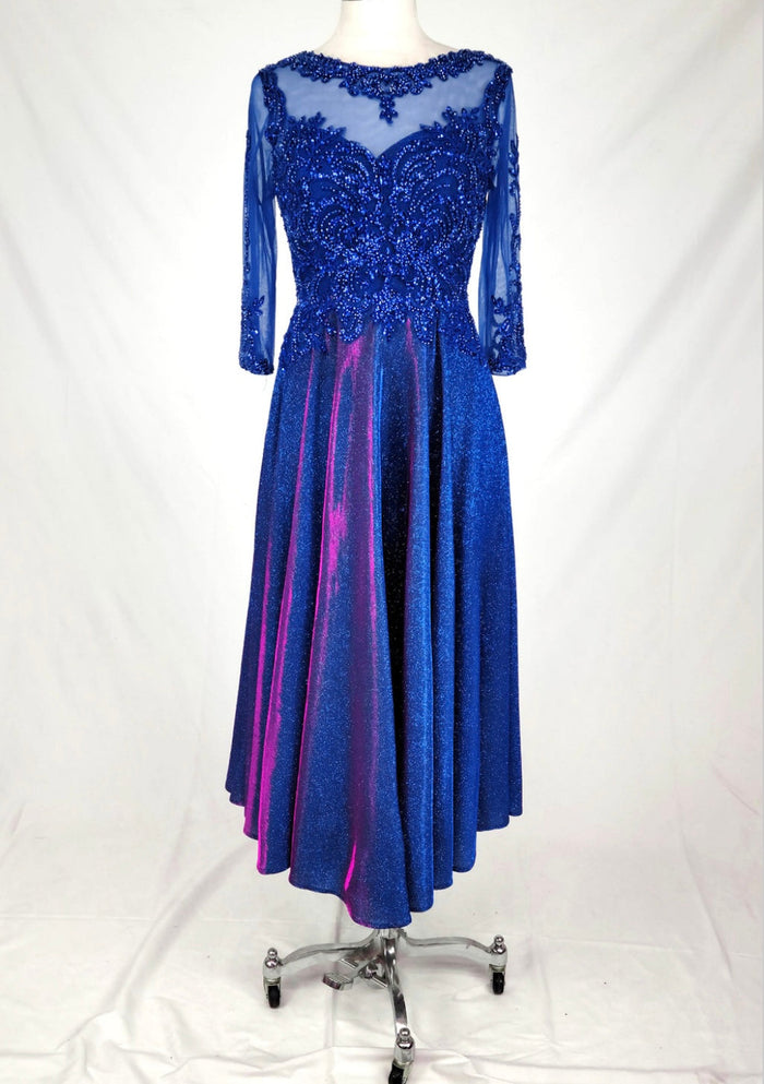 Chicas J040 Formal Gold A-Line Illusion Tea-Length Fabric Dress