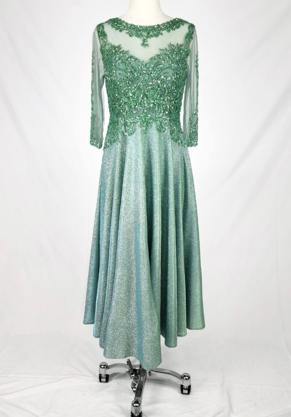 Chicas J040 Formal Gold A-Line Illusion Tea-Length Fabric Dress