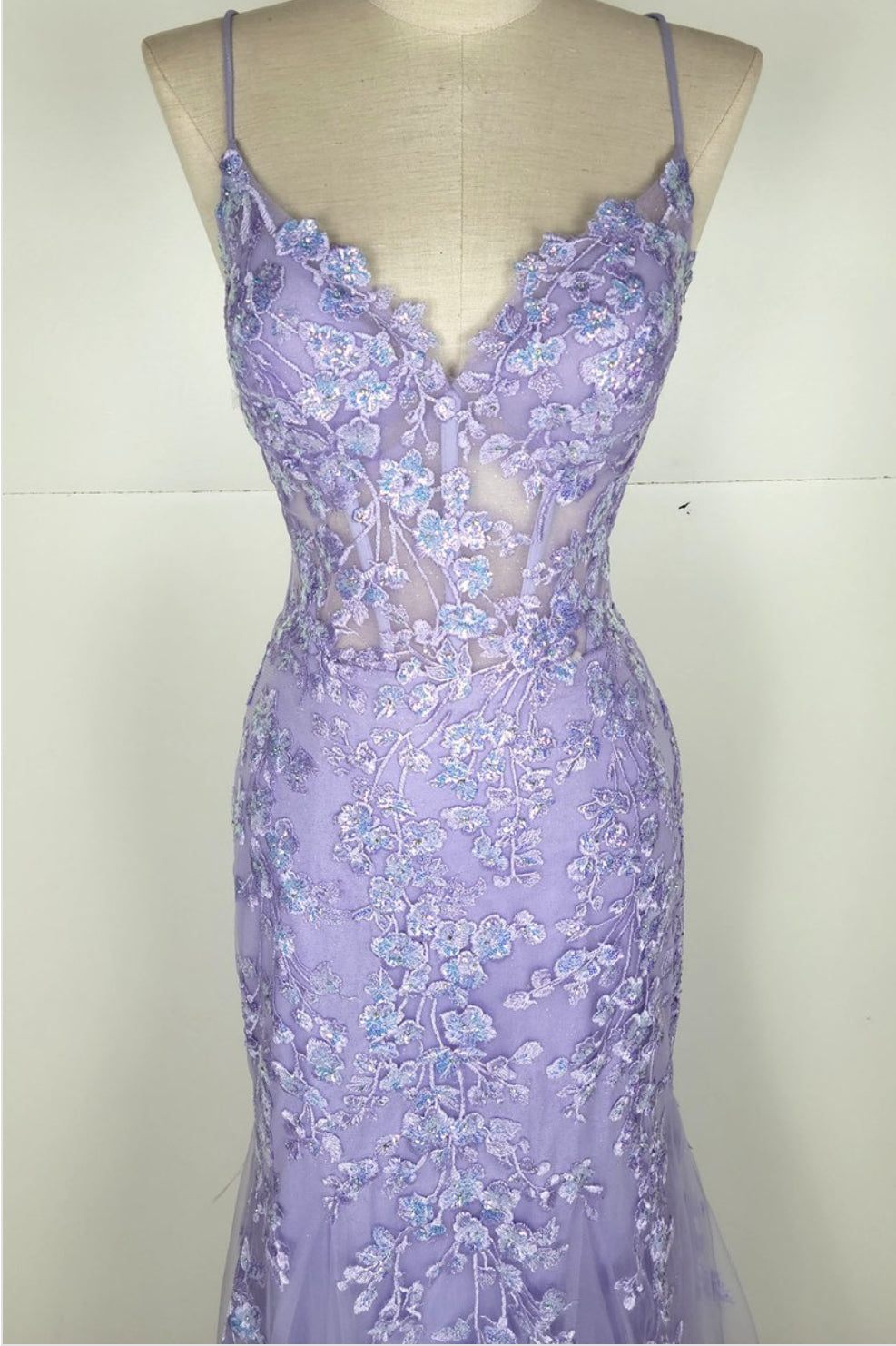 Chicas C334 Mermaid Spaghetti-Strap Floral Floor-Length Corset Ruffled Fabric Dress
