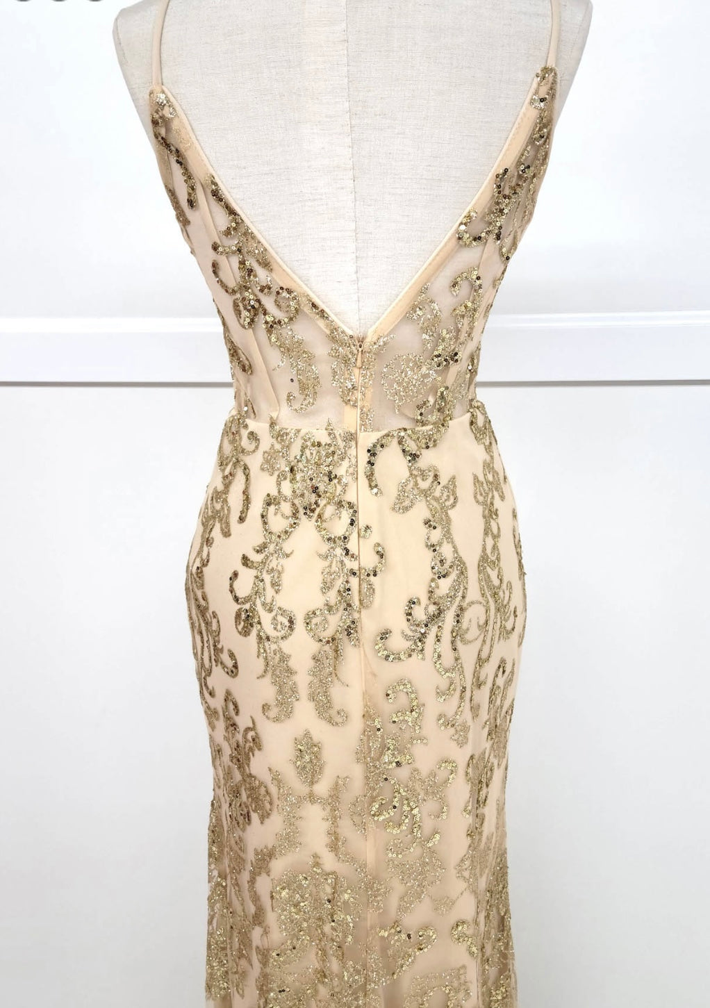 Chicas 4028 Elegant Prom Gold Spaghetti-Strap Corset High-Slit Fabric Dress