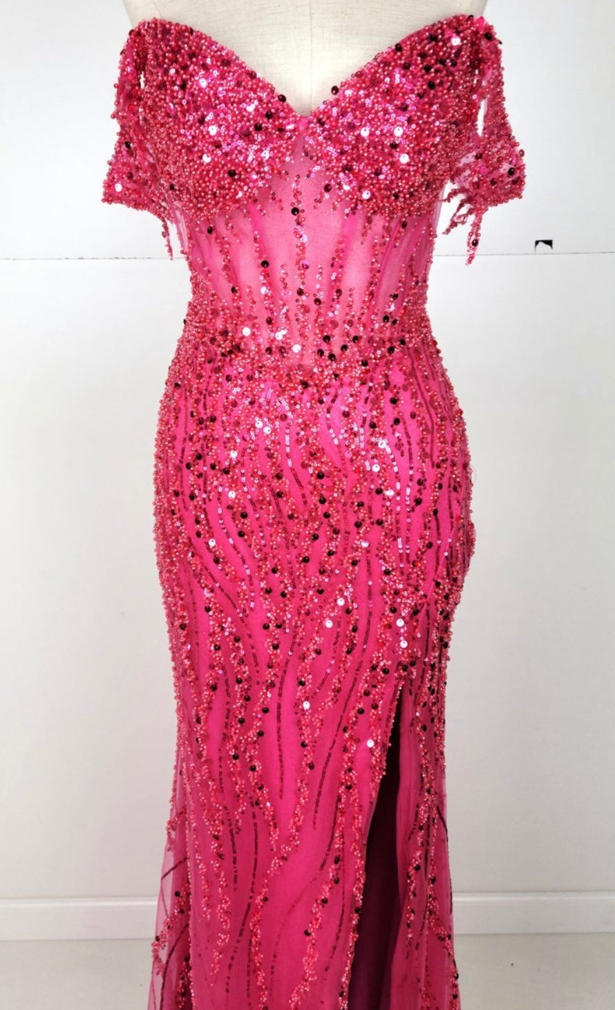 Chicas C331 Black Off-Shoulder Floor-Length High-Slit Sequin Fabric Dress