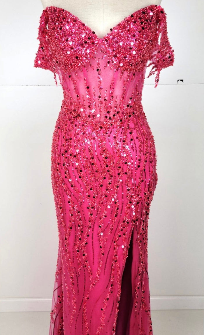 Chicas C331 Black Off-Shoulder Floor-Length High-Slit Sequin Fabric Dress